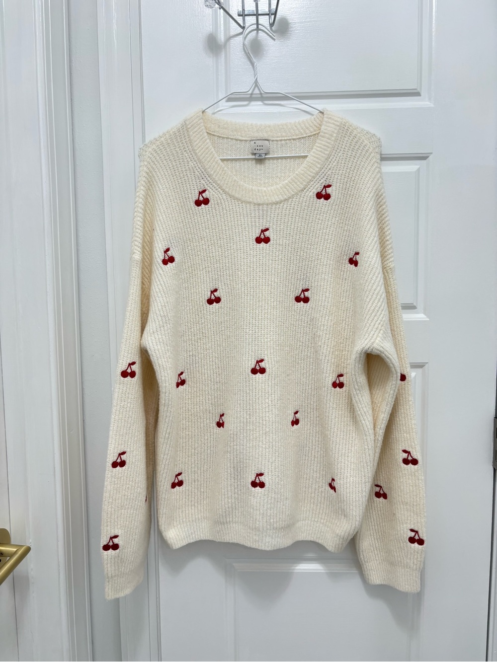 Cream Cherry Embroidered Knit Sweater - Women